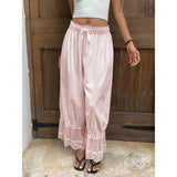 MQTIME  -  Women Mesh See-through Floral Lace Patchwork Ruffle Hem Bloomer Pants Loose Drawstring Elastic Waist Cropped Trousers