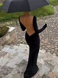 MQTIME  -  Classic Bead Backless Dress Women Sexy Slash Neck Full Sleeve Simple Fashion Stretch Banquet Party Elegant Vestidos