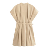 MQTIME  -  women's clothing 2024 summer new solid color street style belt decoration pleated waist short dress 4043/058
