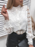 Mqtime Shirts Elegant Office Ladies White Collared Lace Patchwork Hollow Out Button Up Womens Tops And Blouses Fashion New Blouse