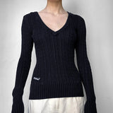 MQTIME  -  American Simple Color Contrast Letter Embroidery V-neck Slim Fitting Fried Dough Twists Sweater Spicy Girl Retro College Top