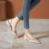 MQTIME  -  Women's Nude Patent Leather Sandals Pointed Toe Slingback Pumps with Studs Low Block Heel Dress Shoes for Office and Party Heel