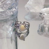 Mqtime Kpop 90s Grunge Aesthetic Irregular Liquid Metal Heart Moonstone Open Ring For Women Luxury Vintage Jewelry EMO Y2K Accessories