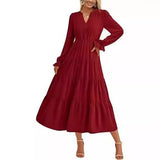  MQTIME  -  Autumn Long Dress Long Sleeve V Neck Layered Ruffle Edge Elegant A Line Cocktail Party Cw12909