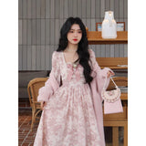 MQTIME  -  Women's Dress Spring Autumn New Sweet Pink Square Collar Lace A-Line Mid-Length French Style Floral Print Elegant Dresses