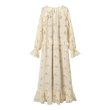  MQTIME  -  French Style Retro Print Ruffles Dress Women's Trend Temperament Pleated Lace Up Long Sleeve Dresses Loose Fashion Long Dress