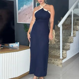 MQTIME  -  Color Blocking Lady Halter Slim A-line Dress Casual Streetwear Side Split Long Dress New Summer Hollow Out Backless Party Dress