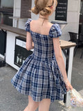 MQTIME  -  Y2K Plaid Short Dresses for Women Princess Birthday Party Dress Puff Sleeve Square Collar Bow Prom Summer Mini Vestidos Mujer