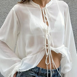 MQTIME  -  Autumn and Winter New Style Sense of Advanced Minority Unique Drawstring Frenum White Blouse See-through Top Women Tops