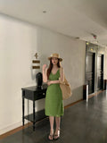 MQTIME  -  Green hollow V-neck suspender dress for women's summer sexy long Dress tie up wrap around buttocks Dress