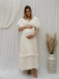  MQTIME  -  Maternity Dress Photoshoot White Ruffle Ruched Boho V-neck Maxi Big Swing Pregnancy Gown for Baby Shower Photoshoot