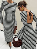 MQTIME  -  Slim Fit Knitted Long Sleeve round Neck Bell Bottom Striped Dress Cross Border New Style Fresh Sweet Style Casual Dress
