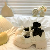 MQTIME  -  Chunky Platform High Heels Pumps Women Summer Leather Bow  Mary Jane Shoes Woman Thick Heeled Off White Black Lolita Shoes