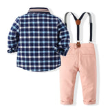 MQTIME  -  Autumn Toddler Boy Clothing Korean Fashion Gentleman Plaid Long Sleeve Cotton Tops+Pants+Straps+Tie Newborn Baby Clothes BC1376