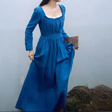 MQTIME  -  French Style Lady Pure Color Ruffle Evening Dress Elegant Temperament Long Sleeve Dress Casual U Collar High Waist Banquet Dress
