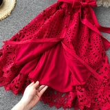 MQTIME  -  Summer New Mid Length Dress Women Dresses A Line Vestidos Hollow Out Round Neck Short Sleeve Single Breasted Elegant High Waist