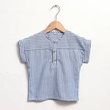  MQTIME  -  Children's Cotton Linen Striped Short-Sleeved T-Shirt Summer New Boys And Girls Round Neck Buttons Daily Casual Tops