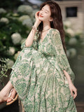 MQTIME  - Women's Vintage Floral Print V-Neck Dress Female One-Piece Clothes French Lady A-Line Elegant Chic Maxi Dresses New 2024