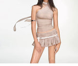 MQTIME  -  Spicy Girl Design Hollowed Out Slanted Shoulder Sheer Ribbon Hanging Neck Suspender Women's Pleated Skirt Fashion Set