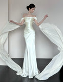 MQTIME  -  Elegant White Wedding Dress Off The Shoulder Long Ribbon Women Slimming Backless Evening Dress Banquet Robe Formal Party Gown