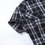 MQTIME  -  Gothic Dark Style Plaid Turn Down Collar Short Sleeve Single Breasted Vintage Ropa Mujer