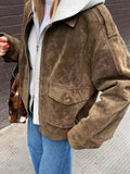 MQTIME  -  Women Elegant Suede Brown Bomber Jackets Fashion Ladies Casual Loose Outfits for Vintage Female Chic Clothes Cute