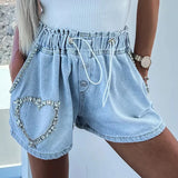 Mqtime Streetwear Glass Drill Denim Shorts Women Casual Waist Elastic Drawstring Loose Summer Pants Jeans Chic Short Femme