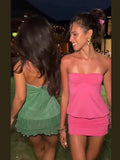  MQTIME  -  Front Twist Pleated Texture Women Tube Top Halter Removable Strap Double Ruffle Hem Loose Short Cropped Top New Fashion
