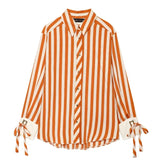  MQTIME  -  Women Orange White Vertical Stripe Shirt Lapel Collar Long Sleeve Cuff Tie Loose Pocket Front Shirts Lady Oversize Casual Blouse