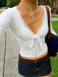 MQTIME  -  Vintage Lace Patchwork V Neck Slim Lace-up French Short  Top Female