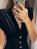 MQTIME  -  V-Neck Velvet Long Dresses Pleated Sexy Wide Shoulder Strap Waist Cinching Slim Fit Sleeveless Robes Gold Button Trend Dress