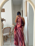  MQTIME  -  Women Fashion Dip-dye Stripe Halter Maxi Dress Elegant Sleeveless Twist Waist Tie Slim Slit Lady Summer Party Gown