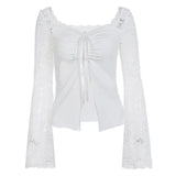 MQTIME  -  Elegant Temperament Solid Lace Patchwork V Neck Flare Sleeve Lace-up Sexy Women's T-shirts