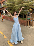 MQTIME  -  Ear Hem Plaid Maxi Dresses for Women Small Fresh Ruffles Dress Korean Square Collar Sleeveless Vestidos