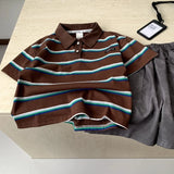MQTIME  -  Boys' Suit Spring and Summer New Children's Wear Korean Style Boy Baby Striped Lapel T-shirt Cargo Shorts Two Sets
