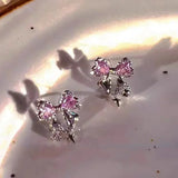 Mqtime Korean Bowknot Zircon Stud Earrings for Women Trendy Cute Pink Crystal Earrings Personality Y2k Earring Girl Party Jewelry Gifts