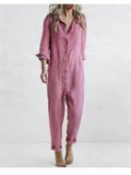 MQTIME  -  Fashion Cotton Linen Long Sleeve Pocket Jumpsuit Women'S Autumn Casual Loose Solid Color Shirt Jumpsuit Female Military Rompers