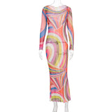MQTIME  -  Colorful Stripe Maxi Dress Women Chic Off Shoulder Long Sleeve Tulle See Through Slim Dresses Summer Lady Vacation Robes