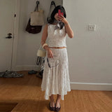  MQTIME  -  Casual Women's Skirt Set O-neck Sleeveless Top Long Skirts Female Lace Sets Summer Vacation Holiday Fashion Lady Outfit