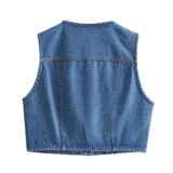 MQTIME  -  Women Summer New O Neck Sleeveless Dew Shoulder Street Style Solid Vest Single-Breasted Pocket Decorated Denim Vest Mujer