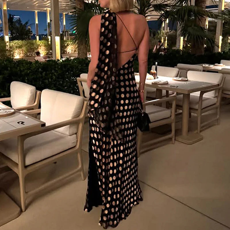 MQTIME - New Polka Dot Print Backless Evening Dress Women Elegant Halt mqtime MQTIME - New Polka Dot Print Backless Evening Dress Women Elegant Halt mqtime