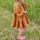  MQTIME  -  Chic Back Button-Up Lantern Sleeve Dress Baby Girl Autumn New Ruffled Splicing Princess Dresses Loose Cotton And Linen Dresses