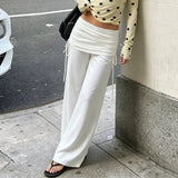  MQTIME  -  Women's Folds Waisted Wide Leg Pants Casual Ruched Drawstring Side Flowy Straight Trousers Streetwear Fashion Y2K Loose Fit New