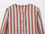 MQTIME  -  Autumn New Female Chic Blouse Women's Loose Fit Striped Print Shirt O-neck Puff Sleeve Single Breasted Simple Casual Top