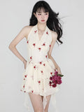 MQTIME  -  Flower Print Halter Mini Dress Beige Sleeveless Backless Summer Birthday Dress for Women Irregular Fashion Sexy Dresses