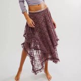 MQTIME  -  Women Lace Ruffle Courtship Half Slip Elastic Waist Asymmetrical Hemline Midi Skirts Semi Sheer Layered Maxi Skirts