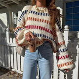 MQTIME  -  European and American autumn and winter new casual fashion retro color blocked coarse knitted loose bat sleeve sweater