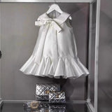 MQTIME  -  Summer Children Girl Party Dress Bow Turn Down Collar Spliced Pleated Dress For 1-8Y Girls Loose Infant Baby Girl Birthday Dress