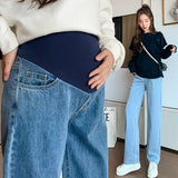 Mqtime Winter Fashion Denim Maternity Straight Long Jeans Wide Leg Loose belly Pants Clothes for Pregnant Women Pregnancy Casual