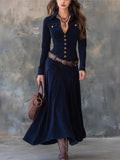  MQTIME  -  Elegant Turn-down Collar Button Long Maxi Dress Woman Sexy Slim A-Line Dress Vintage Long Sleeve Spring Autumn Dress And Belt